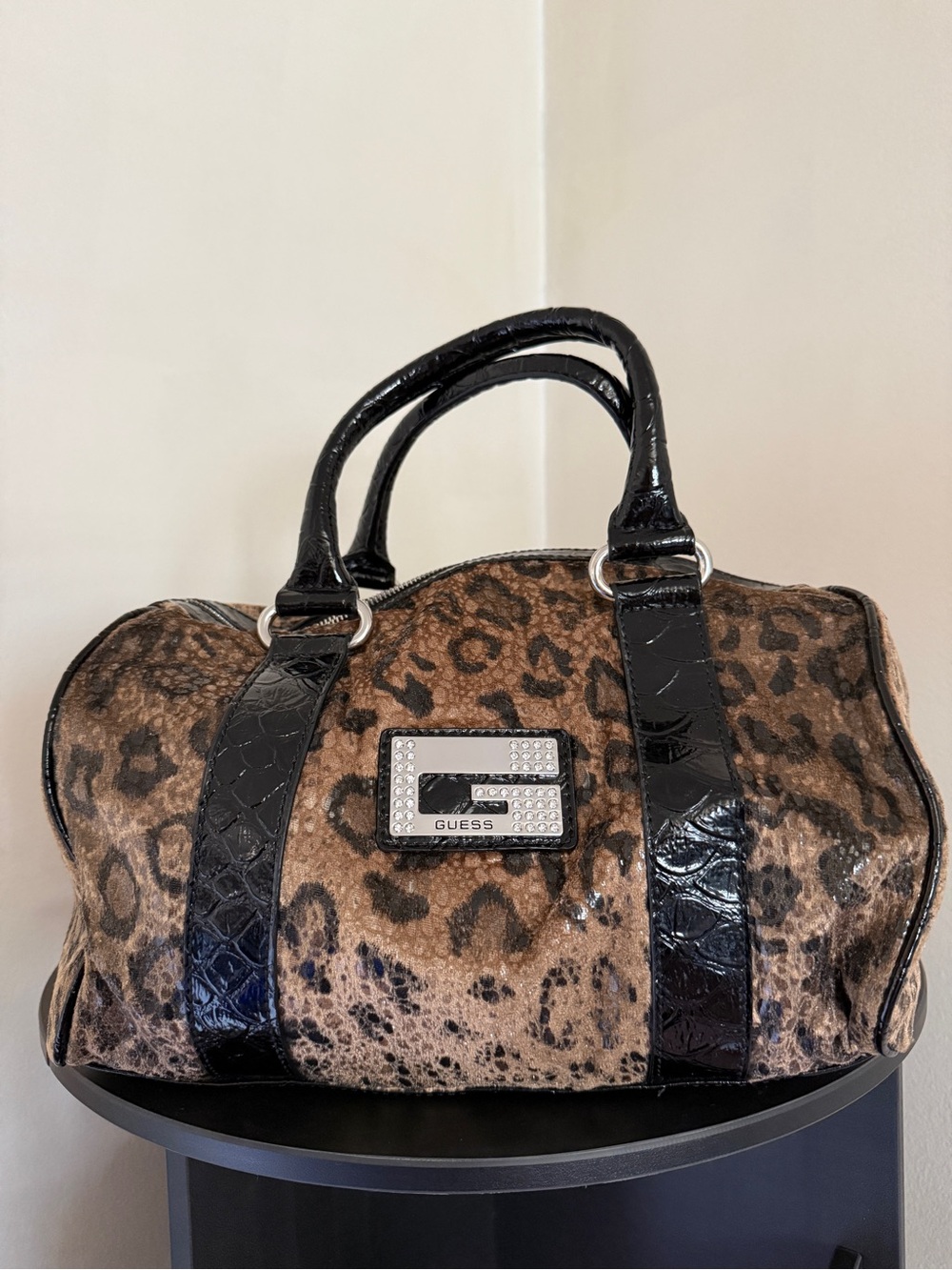 GUESS Leopard-Print Satchel with Black Patent Trim and Crystal Logo